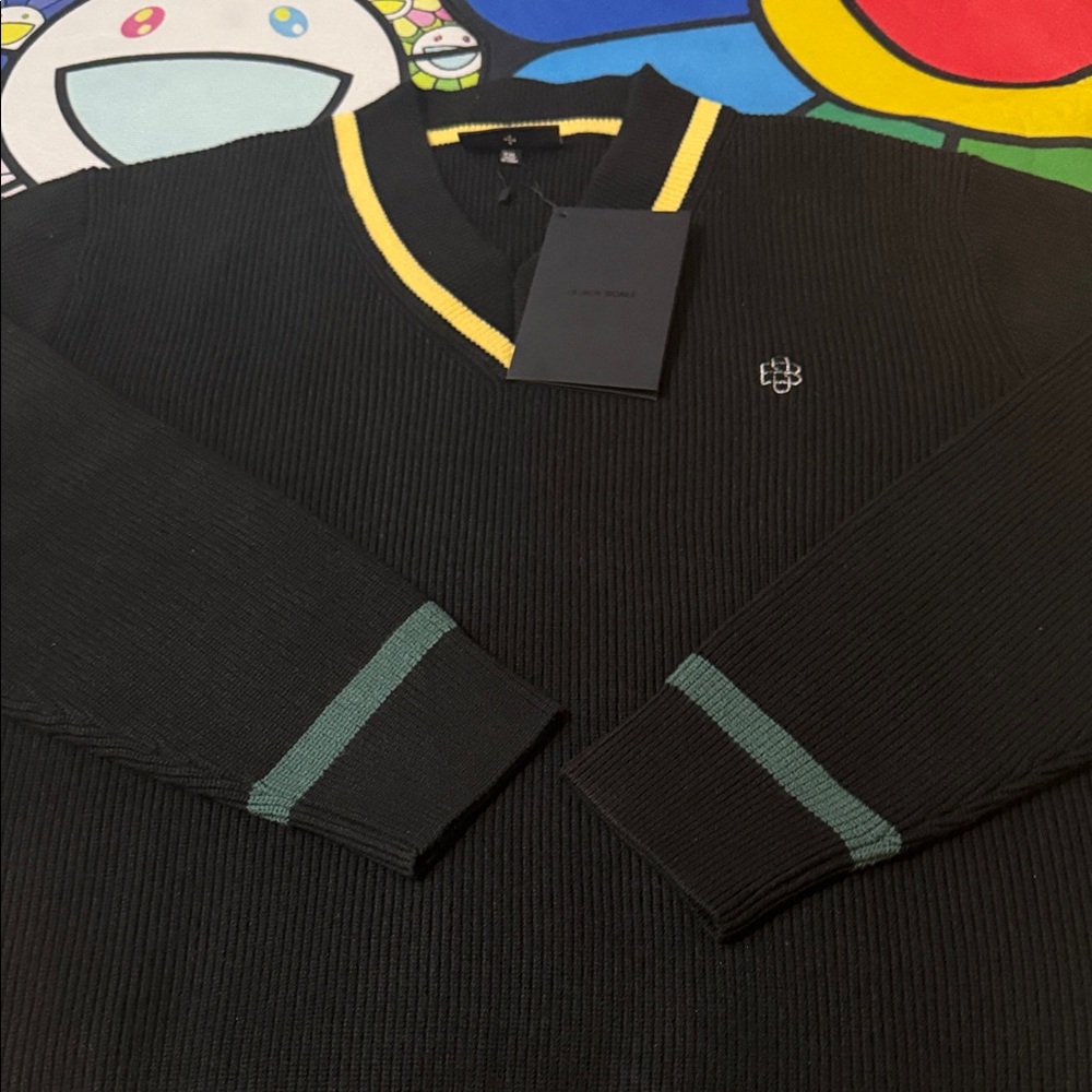 Black Scale Black V-Neck Sweater with Yellow Trim - Picture 7 of 16